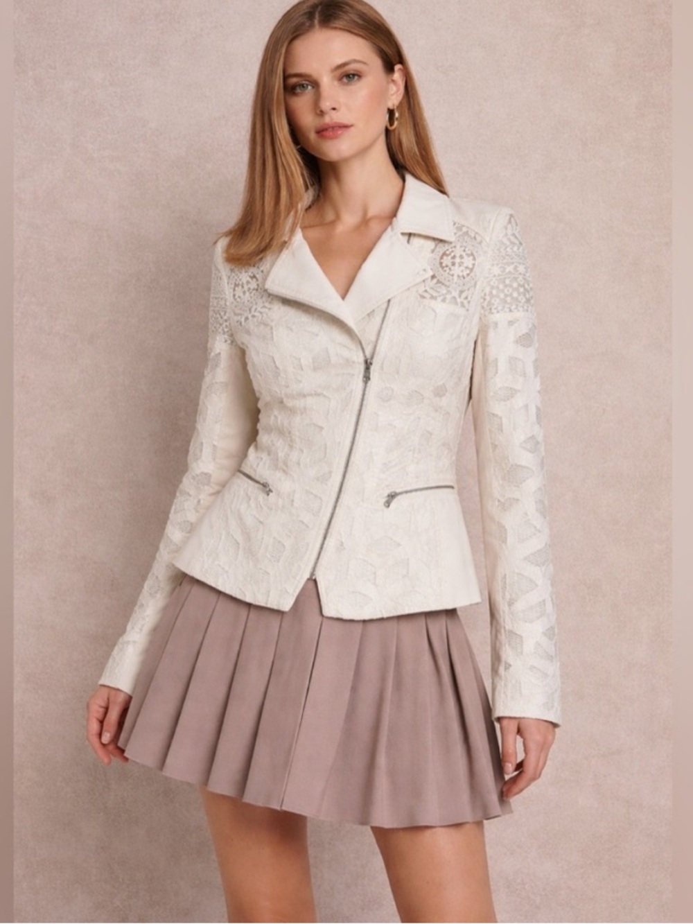 BCBGMaxAzria White Lace Moto Jacket